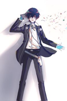 1girl black_hair black_jacket black_pants black_ribbon collared_shirt commentary confetti corrupted_twitter_file cosplay feet_out_of_frame gekkoukan_high_school_uniform gun gun_to_head hair_between_eyes handgun headphones headphones_around_neck highres holding holding_gun holding_weapon holster imminent_suicide jacket kanato_as long_sleeves looking_at_viewer neck_ribbon open_clothes open_jacket pants persona persona_3 rei_shimobe reverse_trap ribbon school_uniform shirt short_hair shuten_order smile solo teeth upper_teeth_only weapon white_background white_shirt yellow_eyes yuuki_makoto_(persona_3) yuuki_makoto_(persona_3)_(cosplay)