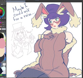Rule 34 | 2girls, andrich galam, animal ears, big hair, black pantyhose, blush, breasts, brown coat, brown gloves, brown shoes, brown sweater, coat, collarbone, commentary, cosplay, elbow gloves, english commentary, fake animal ears, fur-trimmed coat, fur collar, fur cuffs, fur trim, gen 4 pokemon, glasses, gloves, green eyes, hat, high heels, large breasts, long hair, lop rabbit ears, lopunny, lopunny (cosplay), lusamine (pokemon), mature female, multiple girls, nintendo, open clothes, open coat, pantyhose, pink-framed eyewear, pokemon, pokemon sun and moon, purple hair, rabbit ears, rabbit tail, ribbed sweater, semi-rimless eyewear, shoes, short hair, sleeveless, sleeveless sweater, solo focus, sweater, tail, tailcoat, top hat, wicke (pokemon)