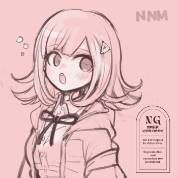 1girl :o blush breasts collared_shirt danganronpa_(series) danganronpa_2:_goodbye_despair flipped_hair greyscale hair_ornament highres hood jacket long_sleeves looking_at_viewer medium_breasts medium_hair mijica monochrome nanami_chiaki neck_ribbon open_clothes open_jacket ribbon saliva shirt solo watermark