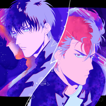 2boys a_nzi_end black_hair closed_mouth commentary_request drop_shadow hair_between_eyes highres jacket male_focus multiple_boys open_clothes open_jacket parted_lips red_eyes red_hair rukawa_kaede sakuragi_hanamichi shirt short_hair slam_dunk_(series) split_theme