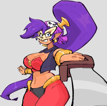 Rule 34 | bandana, bandeau, black panties, breasts, cleavage, earrings, high ponytail, holding, holding sword, holding weapon, jewelry, large breasts, mask, panties, pirate master, pointy hair, ponytail, purple hair, red bandeau, shantae, shantae (series), shantae and the pirate's curse, skull mask, sword, underwear, viennais8, weapon