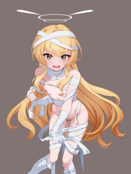1girl absurdres bandaged_arm bandaged_hand bandaged_head bandaged_leg bandaged_neck bandaged_torso bandages bandaid bandaid_on_face bandaid_on_nose bandaid_on_pussy bandaids_on_nipples bare_shoulders blonde_hair blue_archive blush brown_background brown_eyes collarbone dopamine70 dot_nose flat_chest groin halo hand_up highres loli long_hair looking_at_viewer mummy_costume naked_bandage open_mouth pasties sidelocks simple_background solo thighs very_long_hair yellow_halo yoshimi_(blue_archive) yoshimi_(halloween)_(blue_archive)