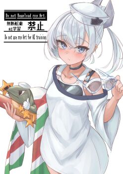 Rule 34 | 1girl, black one-piece swimsuit, commentary request, dace (kancolle), dixie cup hat, grey eyes, grey hair, hat, headgear, highres, holding, holding removed eyewear, kantai collection, leonardo da vinci (kancolle), looking at viewer, military hat, multicolored sash, nazono neko, one-piece swimsuit, ribbon bar, shirt, side ponytail, simple background, solo, sunglasses, swimsuit, swimsuit under clothes, torpedo, two-tone one-piece swimsuit, unworn eyewear, upper body, white background, white hat, white shirt