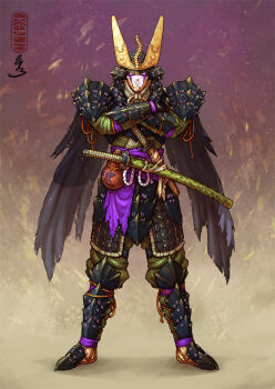 1boy alternate_costume alternate_universe animal_helmet armor black_armor black_cape bug cape cell_(dragon_ball) centipede colored_skin crossed_arms dragon_ball dragonball_z full_body gourd green_pants green_shirt haidate helmet japanese_armor japanese_clothes kabuto_(helmet) kenji893 kote kusazuri looking_at_viewer male_focus multicolored_skin pants pants_tucked_in perfect_cell purple_sash samurai sash sheath sheathed shirt short_sword shoulder_armor simple_background smirk sode solo suneate sword tabi tantou torn_cape torn_clothes waraji weapon