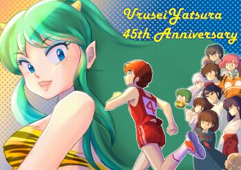 1other 4boys 6+girls absurdres alien animal_print anniversary apron arms_behind_back artist_name bare_arms benten_(urusei_yatsura) bikini black_eyes black_hair black_sailor_collar black_serafuku black_shirt black_skirt blue_apron blue_eyes blue_eyeshadow bow brown_eyes brown_hair cat cherry_(urusei_yatsura) closed_mouth collared_shirt colored_skin commentary_request cone_horns copyright_name dappya_monster diaper earrings eyeshadow fins fishbowl_helmet frilled_apron frills fujinami_ryuunosuke hair_bow hakama hakama_skirt head_fins highres horns japanese_clothes jewelry kimono kotatsu-neko long_hair looking_at_another looking_back lum makeup medium_hair mendou_ryouko mendou_shuutarou miko miyake_shinobu miz_mus moroboshi_ataru multiple_boys multiple_girls neckerchief old old_man oni open_mouth orange_shoes orange_skin oyuki_(urusei_yatsura) parted_lips pink_hair pink_shirt pleated_skirt pointy_ears polka_dot polka_dot_background print_bikini print_diaper purple_eyes ran_(urusei_yatsura) red_bow red_eyes red_hakama red_neckerchief red_shirt red_shorts rei_(urusei_yatsura) running sailor_collar sakura_(urusei_yatsura) school_uniform serafuku shirt shoes short_hair shorts sidelocks skirt sleeveless sleeveless_shirt smile sneakers socks standing strapless strapless_bikini swimsuit ten_(urusei_yatsura) tiger_print toddler track_uniform twitter_username urusei_yatsura white_hair white_kimono white_socks