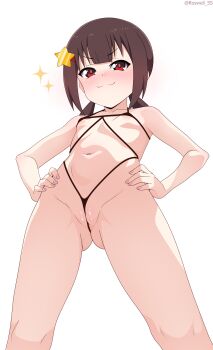 1girl :3 absurdres age_difference bikini blush breasts brown_hair female_focus frontal_wedgie gluteal_fold groin hair_ornament hand_on_own_hip highres komekko kono_subarashii_sekai_ni_shukufuku_wo! legs loli micro_bikini navel pussy red_eyes revealing_clothes roswell_ss slingshot_swimsuit small_breasts smile smug solo standing star_(symbol) star_hair_ornament stomach swimsuit thighs twintails wedgie white_background