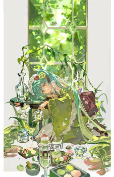 Rule 34 | 1girl, absurdres, apron, arm on table, branch, cake, chinese commentary, clothing cutout, commentary request, cream, cup, dango, drinking glass, food, glass bottle, green eyes, green hair, green kimono, hatsune miku, head on table, highres, holding, holding teapot, ice cream, japanese clothes, kimono, long sleeves, maid, maid apron, maid headdress, matcha (food), mento, obi, parfait, plant, sash, shoulder cutout, solo, spoon, sweet sweets miku, sweet sweets miku (matcha parfait), table, tea, teacup, teapot, twintails, vase, vocaloid, wa maid, wagashi, wide sleeves, window, wine glass