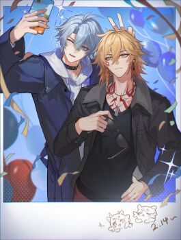 Rule 34 | 2boys, absurdres, alternate costume, antenna hair, ayua u, balloon, black choker, black jacket, black shirt, blonde hair, blue coat, blue eyes, braid, chest tattoo, chinese commentary, choker, coat, commentary, commentary request, dated, dog tags, earrings, english commentary, facial tattoo, fur-trimmed jacket, fur trim, gradient hair, hand on own hip, highres, holding, holding phone, holding removed eyewear, honkai: star rail, honkai (series), hood, hoodie, jacket, jewelry, male focus, medium hair, mixed-language commentary, multicolored hair, multiple boys, mydei (fig stew) (honkai: star rail), mydei (honkai: star rail), neck tattoo, one eye closed, open clothes, open coat, open jacket, open mouth, parted bangs, phainon (honkai: star rail), phainon (vigethos) (honkai: star rail), phone, red hair, red tattoo, shirt, short hair, side braid, sun symbol, sun tattoo, taking picture, tan, tattoo, unworn eyewear, v, white hair, white hoodie, yellow eyes