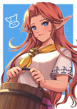 1girl absurdres blue_background breasts bucket cremia highres light_blush long_hair looking_at_viewer medium_breasts mi9clous nintendo pink_skirt pointy_ears red_hair shirt skirt smile solo the_legend_of_zelda the_legend_of_zelda:_majora&#039;s_mask white_shirt wooden_bucket