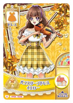 1girl amanogawa_kirara artist_request bare_arms bare_shoulders blunt_bangs border bow bow_(music) bow_hairband bowtie brown_hair bubble buttons card_(medium) casual collarbone commentary_request cowboy_shot eyelashes frilled_shirt frilled_skirt frilled_sleeves frills go!_princess_precure hairband happy high-waist_skirt holding holding_bow_(music) holding_instrument holding_violin house instrument light_particles long_hair low_twintails miniskirt music off-shoulder_shirt off_shoulder official_alternate_costume official_art open_mouth outline picture_frame plaid_bow plaid_bowtie plaid_clothes plaid_skirt playing_instrument precure puffy_short_sleeves puffy_sleeves purple_bow purple_eyes purple_hairband second-party_source shirt short_sleeves skirt smile solo sparkle star_(symbol) translation_request twintails unmoving_pattern violin white_border white_outline white_shirt yellow_background yellow_bow yellow_bowtie yellow_skirt yellow_theme