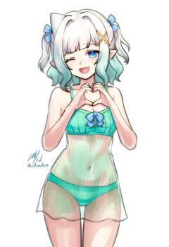 1girl ;d blue_eyes blunt_bangs breasts commentary english_commentary fang gradient_hair green_negligee green_panties heart heart_hands highres indie_virtual_youtuber lingerie looking_at_viewer medium_hair mint_fantome multicolored_hair navel negligee one_eye_closed open_mouth panties rotomdocs simple_background skin_fang small_breasts smile solo two_side_up underwear virtual_youtuber white_background white_hair