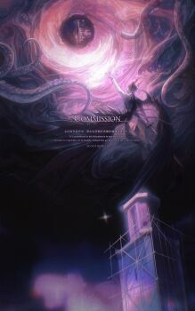 1boy black_hair black_wings building coat commentary creature demon_horns eldritch_abomination english_commentary facing_away feathered_wings from_behind full_body highres horns kim_dokja male_focus nicayuko night official_alternate_costume omniscient_reader&#039;s_viewpoint reaching scenery short_hair standing star_(symbol) tentacles white_coat wings
