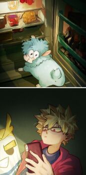 2koma all_might anus bakudeku bakugou_katsuki blonde_hair boku_no_hero_academia busted cellphone comic dekusheep food freckles looking_back midoriya_izuku phone refrigerator sheep shoes stuffed_toy tail truehaters1234 wool