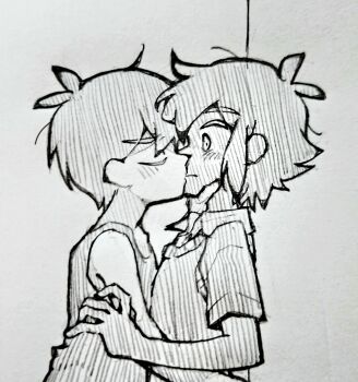 Rule 34 | 2boys, antenna hair, blush, closed eyes, closed mouth, collared shirt, commentary, greyscale, hand on another's chin, highres, kiss, looking at another, male focus, monochrome, multiple boys, omori, omori (omori), shirt, short hair, short sleeves, sidelocks, simple background, stranger (omori), sweater vest, symbol-only commentary, tank top, thatbirdcanfly, traditional media, yaoi