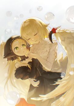 2girls absurdres bare_shoulders black_dress black_hood blonde_hair breasts bubble chimera closed_eyes commentary_request dress dungeon_meshi elf falin_touden falin_touden_(chimera) feathered_wings feathers grey_background highres holding_hands korean_commentary long_hair marcille_donato mayo_(mayo88meshi) monster_girl multiple_girls open_mouth pointy_ears short_hair tears white_feathers wings yellow_eyes yuri