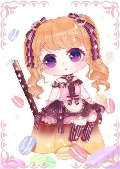 :o apron blush bow bow_choker bowtie brown_bow brown_bowtie brown_dress brown_socks center_frills character_request choker dress dress_bow eyelashes flower_in_eye food food-themed_hair_ornament footwear_bow frilled_choker frilled_dress frills hair_bow hair_ornament kneehighs lace-trimmed_apron lace_trim lolita_fashion long_hair looking_to_the_side macaron medium_dress miracle_nikki muxi_jiang nikki_(series) on_food open_mouth orange_hair oversized_food oversized_object picture_frame pink_bow pink_choker pink_dress pink_slippers pink_socks pocky pudding purple_eyes ringlets sitting sitting_on_food slippers socks source_request strawberry_hair_ornament striped_bow striped_clothes striped_socks symbol_in_eye tareme third-party_source twintails two-tone_bow two-tone_choker two-tone_dress two-tone_socks vertical-striped_clothes vertical-striped_socks waist_bow watermark weibo_watermark white_background