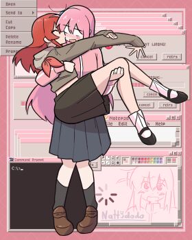 Rule 34 | 2girls, absurdres, blush, bocchi the rock!, commentary, cube hair ornament, english commentary, gotoh hitori, hair ornament, highres, kiss, kissing cheek, kita ikuyo, long hair, medium hair, multiple girls, nattydodo 002, open mouth, pink hair, red hair, school uniform, shuka high school uniform, side ahoge, smile, tagme, window (computing), yuri