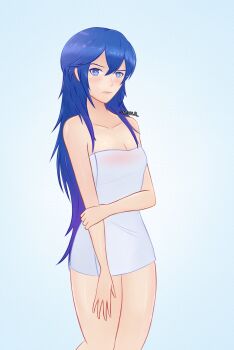 1girl arm_at_side artist_name bare_shoulders blue_eyes blue_hair brand_of_the_exalt breasts clenched_hand collarbone female_focus fire_emblem fire_emblem_awakening fire_emblem_warriors hair_between_eyes highres holding_own_arm intelligent_systems legs legs_together light_blush long_hair looking_at_viewer lucina_(fire_emblem) matching_hair/eyes messy_hair naked_towel neck nintendo serious shiny_skin sidelocks simple_background small_breasts smgold source_request standing symbol_in_eye thighs tiara tiara_removed towel