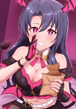 1girl absurdres asymmetrical_gloves bare_shoulders black_gloves black_hair black_shorts blush breasts bright_pupils cleavage collarbone commentary_request demon_girl demon_tail demon_wings elbow_gloves fingerless_gloves fishnet_pantyhose fishnets food gloves grin head_wings highres idolmaster idolmaster_million_live! idolmaster_million_live!_theater_days large_breasts looking_at_viewer micro_shorts mimiu_p monster!_devil_(idolmaster) multicolored_gloves navel open_mouth pantyhose pink_gloves shorts single_elbow_glove single_fingerless_glove smile solo tail taiyaki takayama_sayoko teeth two-tone_gloves wagashi white_pupils wings