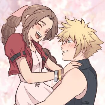 1boy 1girl aerith_gainsborough bangle bare_shoulders black_shirt blonde_hair blue_eyes blush bracelet braid braided_ponytail cherry_blossoms choker cloud_strife couple cropped_jacket dress final_fantasy final_fantasy_vii final_fantasy_vii_rebirth final_fantasy_vii_remake flower_choker hair_between_eyes hair_ribbon hand_on_another's_shoulder hetero highres jacket jewelry long_hair looking_at_another open_mouth parted_bangs pink_dress pink_ribbon puffy_short_sleeves puffy_sleeves punziebunnie red_jacket ribbon shirt short_hair short_sleeves sidelocks single_braid sleeveless sleeveless_turtleneck smile spiked_hair turtleneck