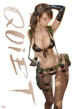 1girl arm_up bad_anatomy belt bikini breasts brown_hair character_name cleavage closed_eyes english_text explosive female_focus front-tie_bikini_top front-tie_top gloves grenade holster knife large_breasts lowleg lowleg_pantyhose metal_gear_(series) metal_gear_solid metal_gear_solid_v:_the_phantom_pain navel pantyhose pantyhose_under_swimsuit ponytail pouch quiet_(metal_gear) solo suspenders swimsuit text_background thigh_holster torn_clothes torn_pantyhose yd_(orange_maru)