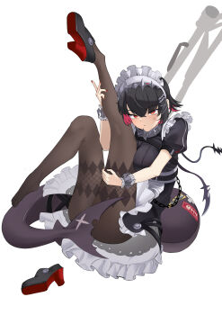 1girl absurdres anger_vein apron black_dress black_hair blush breasts brown_pantyhose collar colored_inner_hair commentary dress ellen_joe fins fish_tail hairband high_heels highres large_breasts leg_up looking_at_viewer maid_headdress metal_collar metal_hairband multicolored_hair pantyhose pink_hair puffy_short_sleeves puffy_sleeves red_eyes shark_girl shark_tail short_hair short_sleeves sitting solo spiked_headband symbol-only_commentary tail waist_apron white_apron wrist_cuffs yugusan5 zenless_zone_zero