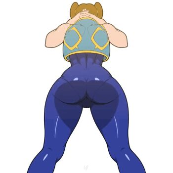 1girl 2022 animated animated_gif arms_behind_head ass ass_focus back blue_bodysuit bodysuit bouncing_ass brown_hair cameltoe capcom chun-li commentary cropped_vest double_bun english_commentary exercising feet_out_of_frame female_focus from_behind from_below hair_bun huge_ass krezniverse looking_ahead official_alternate_costume pov simple_background skin_tight sleeveless solo squatting street_fighter street_fighter_zero thick_thighs thighs vest white_background wide_hips