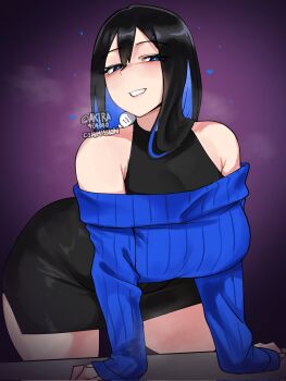 1girl akira_(akira404040) arm_support armpit_crease armpits aroused bare_shoulders bent_over black_hair black_shirt black_skirt blue_eyes blue_hair blue_sweater blush breasts breath cleavage colored_inner_hair curvy drooling hair_between_eyes half-closed_eyes heart heavy_breathing highres large_breasts legs long_eyelashes long_hair long_sleeves looking_at_viewer looking_to_the_side mouth_drool multicolored_hair narrowed_eyes off-shoulder_sweater off_shoulder open_mouth original pencil_skirt plump raised_eyebrows red_pupils ribbed_sweater shirt side_slit sideways_glance simple_background skirt smile solo standing steam steaming_body sweater teeth thick_eyelashes thick_thighs thighs turtleneck turtleneck_shirt two-tone_hair watermark