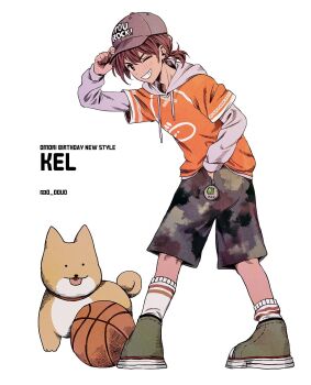 1boy adjusting_clothes adjusting_headwear arm_up artist_name ball baseball_cap basketball_(object) black_eyes bright_pupils brown_hair camouflage camouflage_shorts character_name commentary dark-skinned_male dark_skin dog green_shoes grey_hat hand_in_pocket hat hector_(omori) highres hood hood_down hoodie kel_(birthday)_(omori) kel_(faraway)_(omori) kel_(omori) long_sleeves looking_at_viewer low_ponytail male_focus o_oquo omori one_eye_closed orange_hoodie ponytail shoes short_hair short_ponytail shorts simple_background sneakers socks solo symbol-only_commentary twitter_username white_background white_pupils white_socks