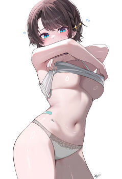1girl absurdres aqua_eyes bandaid_on_hip bare_arms breasts brown_hair camisole camisole_lift clothes_lift commentary english_commentary highres hololive kkato looking_at_viewer navel no_pants oozora_subaru panties short_hair simple_background solo stomach strap_slip swept_bangs turning_head underboob underwear undressing virtual_youtuber white_background white_camisole white_panties