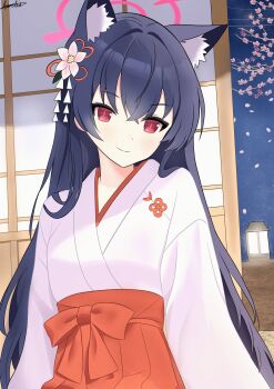 1girl absurdres alternate_hairstyle animal_ear_fluff animal_ears arms_at_sides aurelia88 black_hair blue_archive blush cat_ears cat_girl cherry_blossoms closed_mouth commentary crossed_bangs english_commentary extra_ears flower hair_between_eyes hair_down hair_flower hair_ornament hair_over_shoulder hakama halo highres indoors japanese_clothes kanzashi kimono long_hair long_sleeves looking_at_viewer miko night official_alternate_costume pink_flower pink_halo red_eyes red_hakama red_pupils serika_(blue_archive) serika_(new_year)_(blue_archive) signature sitting slit_pupils smile solo straight_hair upper_body very_long_hair white_kimono wide_sleeves