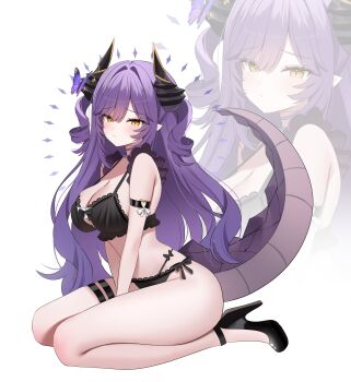 1girl arm_strap bare_legs bare_shoulders between_legs black_bra black_panties black_sandals bra breasts bug butterfly cleavage clothing_cutout commentary_request dragon_horns dragon_tail embarrassed frilled_bra frills from_side hand_between_legs high_heels highres horns insect korean_commentary lace lace-trimmed_bra lace-trimmed_panties lace_trim large_breasts long_hair looking_at_viewer multi-strapped_panties nannung panties pointy_ears purple_hair sakihane_huya sandals seiza side-tie_panties simple_background sitting solo stellive strap_gap string_bra string_panties tail tail_raised thigh_strap thighs two_side_up underboob underboob_cutout underwear very_long_hair virtual_youtuber white_background yellow_eyes zoom_layer