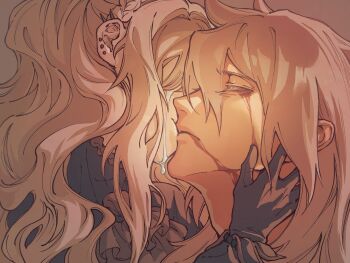 Rule 34 | 1boy, 1girl, bleeding, blonde hair, blood, blood from mouth, blood on face, bloody tears, closed eyes, couple, crying, earrings, fate/grand order, fate (series), gloves, hetero, highres, husband and wife, jewelry, kiss, kriemhild (fate), long hair, multiple earrings, multiple piercings, shunreiseiya, siegfried (fate)