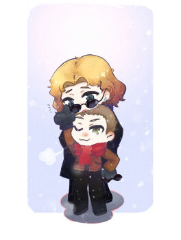 +++ 2boys :o ;3 a1binos1ug adjusting_another's_eyewear animification arm_up belt black-framed_eyewear black_belt black_boots black_coat black_gloves black_pants blonde_hair blue_background blue_eyes boots border breath brown_hair brown_jacket buzz_cut chibi chibi_only closed_mouth coat commentary_request curtained_hair dylan_klebold eric_harris eye_contact from_above full_body gloves green_eyes hair_behind_ear hand_on_own_hip hands_in_pockets height_difference highres jacket knee_boots long_sleeves looking_at_another looking_down looking_up male_focus mole mole_under_eye multiple_boys notice_lines one_eye_closed open_clothes open_jacket open_mouth outside_border pants raised_eyebrows real_life red_scarf scarf shadow short_hair simple_background standing sunglasses trench_coat very_short_hair white_border