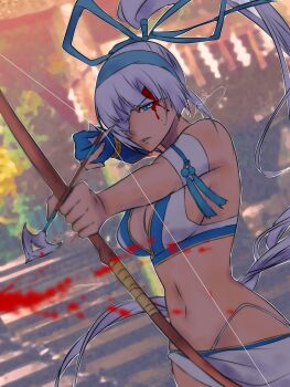 Rule 34 | 1girl, archery, arrow (projectile), artist name, bikini, blood, blood on face, blue eyes, breasts, cleavage, dark-skinned female, dark skin, eyepatch, hair ribbon, highres, large breasts, legs, long hair, majikina mina, navel, parted lips, ponytail, ribbon, samurai spirits, sarong, serious, sideboob, snk, swimsuit, teeth, thighs, thong bikini, very long hair, white hair