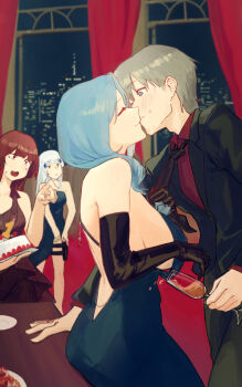Rule 34 | 3girls, absurdres, arm support, backless dress, backless outfit, black gloves, black jacket, black necktie, black pants, blue dress, blue eyes, blue hair, blush, breasts, brown dress, brown eyes, brown hair, champagne flute, character request, closed eyes, clothes grab, collared shirt, commentary request, cup, curtains, dp-12 (girls' frontline), dress, drinking glass, elbow gloves, evening gown, food, formal clothes, girls' frontline, girls' frontline 2: exilium, gloves, grey hair, hair over shoulder, halter dress, halterneck, helen (girls' frontline 2), helen (starlit waltz) (girls' frontline 2), highres, hk416 (girls' frontline), holding, holding cup, holster, imminent kiss, indoors, jacket, korean commentary, large breasts, long hair, multiple girls, necktie, necktie grab, neckwear grab, night, pants, plate, pyo 79, red shirt, shirt, short hair, sideboob, smile, suit, table, thigh holster