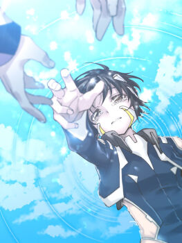 2boys black_hair blurry brown_eyes commentary_request crying crying_with_eyes_open depth_of_field makabe_kazuki male_focus mecha_pilot_suit minashiro_soushi multiple_boys nagi_(exsit00) reaching reaching_towards_another ripples short_hair solo_focus soukyuu_no_fafner synergetic_suit tears upper_body