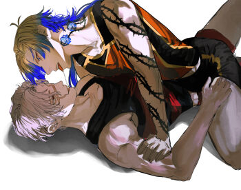 2boys adam&#039;s_apple after_kiss arm_tattoo bastard_munchen_soccer_uniform blonde_hair blue_eyes blue_hair blue_lock blue_tattoo boy_on_top bunny_iglesias commentary english_commentary eye_contact flower_tattoo gradient_hair highres long_hair looking_at_another lying male_focus michael_kaiser midriff_peek multicolored_hair multiple_boys neck_tattoo ogata69 on_back saliva saliva_trail scar scar_on_face scar_on_nose short_hair simple_background sportswear tattoo teeth tongue tongue_out two-tone_hair white_background white_hair yaoi