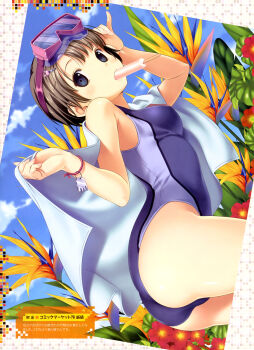 1girl absurdres arched_back ass blue_eyes bracelet breasts brown_hair cloud competition_swimsuit day diving_mask female_focus flower food goggles goggles_on_head hair_ornament hairpin highres jewelry koutaro leaning_forward looking_at_viewer mouth_hold one-piece_swimsuit popsicle short_hair sky small_breasts solo swimsuit towel wristband