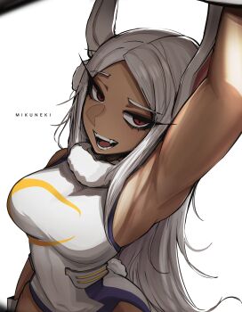 1girl absurdres animal_ears arm_up armpit_focus armpits artist_name bare_arms boku_no_hero_academia breasts cowboy_shot dark-skinned_female dark_skin eyelashes from_above grey_hair hashtag-only_commentary heattech_leotard highres large_breasts leotard long_eyelashes long_hair looking_at_viewer mikuneki mirko parted_bangs parted_hair rabbit_ears rabbit_girl rabbit_tail red_eyes simple_background smile solo tail teeth turtleneck white_background white_leotard