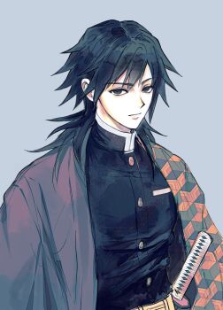 Rule 34 | 1boy, absurdres, belt, black hair, black jacket, blue eyes, buttons, closed mouth, commentary request, demon slayer uniform, gold buttons, hair between eyes, haori, high collar, highres, jacket, japanese clothes, katana, kikkoumon, kimetsu no yaiba, korean commentary, long hair, looking at viewer, low ponytail, male focus, muted color, ponytail, print haori, red haori, ryry 911, simple background, solo, spiked hair, sword, tomioka giyuu, weapon