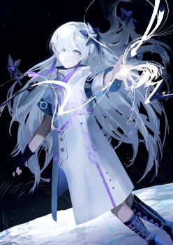 1girl asymmetrical_clothes asymmetrical_legwear boots bright_pupils cevio expressionless fingerless_gloves gloves hair_ornament highres in_orbit light_blue_eyes long_hair long_sleeves looking_at_viewer parted_lips sankichi_(croquette_crab) sekai_(cevio) short_sleeves single_glove socks solo star_(sky) star_trail white_hair white_pupils