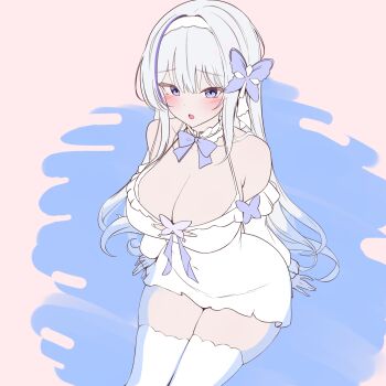 Rule 34 | 1girl, blue bow, blue eyes, blush, bow, breasts, butterfly hair ornament, character request, cleavage, commentary request, cowboy shot, dress, flat color, from above, hair between eyes, hair ornament, highres, indie virtual youtuber, large breasts, long hair, long sleeves, looking at viewer, open mouth, rapid17, sitting, sitting on water, solo, textless version, thighhighs, thighs, translation request, virtual youtuber, water, white dress, white hair, white thighhighs