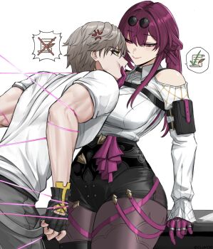 1boy 1girl absurdres caelus_(honkai:_star_rail) clothing_cutout cluhob eyewear_on_head gloves grey_hair high-waist_shorts highres honkai:_star_rail honkai_(series) kafka_(honkai:_star_rail) pantyhose purple_eyes purple_gloves purple_hair purple_pantyhose shorts shoulder_cutout speech_bubble spider_web_print sunglasses trailblazer_(honkai:_star_rail)