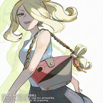 1girl bag blonde_hair cynthia_(pokemon) grey_eyes hair_over_one_eye haraya looking_down mixed-language_commentary nintendo open_mouth pokemon pokemon_masters_ex shirt sidelocks signature skirt sleeveless sleeveless_shirt solo teeth upper_teeth_only watermark