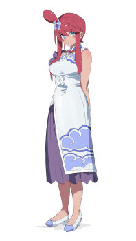 1girl breasts huanxiang_huifeng japanese_clothes large_breasts nintendo official_alternate_costume pokemon pokemon_masters_ex simple_background skyla_(anniversary_2022)_(pokemon) skyla_(pokemon) white_background