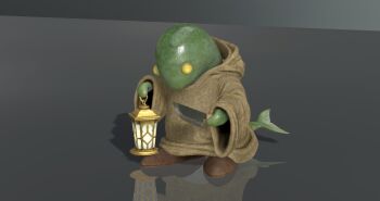 3d boots brown_boots colored_skin creature final_fantasy final_fantasy_vii final_fantasy_vii:_ever_crisis fins fish_tail full_body green_skin grey_background grey_robe holding holding_knife holding_lantern hood hood_down hooded_robe knife lantern monster no_humans official_art robe tail tonberry yellow_eyes