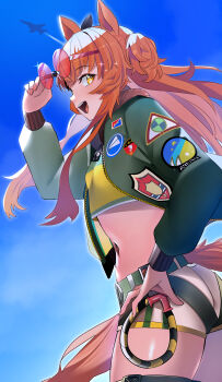 1girl absurdres aircraft airplane animal_ears badge bespectacled blue_sky bomber_jacket commentary_request cowboy_shot cropped_shirt eyewear_on_head from_side glasses green_jacket hair_between_eyes hand_on_own_hip harness highres horse_ears horse_girl horse_tail jacket jet jitome_no_tsugumi long_sleeves looking_at_viewer mayano_top_gun_(scramble_zone)_(umamusume) mayano_top_gun_(umamusume) midriff navel open_mouth orange_eyes orange_hair outdoors red-tinted_eyewear shirt shorts sky smile solo sunglasses tail teeth thighs tinted_eyewear two_side_up umamusume upper_teeth_only white_shorts yellow_shirt