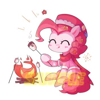 Rule 34 | :q, ^ ^, animal, animal focus, campfire, cape, closed eyes, colored skin, curly hair, cutie mark, flower, food, hair ornament, hair ribbon, hashtag-only commentary, hat, highres, holding, holding stick, leaf, marshmallow, my little pony, my little pony: friendship is magic, no humans, pink hair, pink hat, pink shirt, pink skin, pink tail, pinkie pie, pony (animal), red cape, red flower, ribbon, roasted marshmallow, sample watermark, shirt, short hair, short sleeves, simple background, smile, star (symbol), star hair ornament, stick, tail, tongue, tongue out, watermark, white background, white trim, y songmo, yellow ribbon
