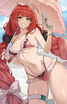 Rule 34 | 1girl, absurdres, ahoge, bikini, blue sky, breasts, cloud, commission, eyewear on head, feet out of frame, frilled bikini, frilled umbrella, frills, front-tie bikini top, front-tie top, green eyes, grin, gun, hair ornament, heart, heart-shaped eyewear, highres, holding, holding umbrella, long hair, medium breasts, multi-strapped bikini bottom, noonnoon531, red eyes, red hair, sky, smile, solo, sphere hair ornament, sunglasses, swimsuit, twintails, ukinami yuzuha, umbrella, weapon, zenless zone zero